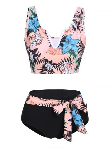 Tropical Beach Cut Out Leaf Floral Print Self Belted Tankini Swimwear - LIGHT PINK - M