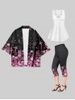 Sakura Flower Kimono and Crisscross Top and Capri Leggings Plus Size Summer Outfit -  
