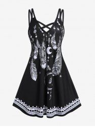 Plus Size Feather Print Crisscross Trapeze Dress -  