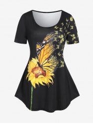 T-shirt à Imprimé Tournesol et Papillon de Grande Taille - Noir 5x | US 30-32