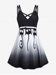 Plus Size Crisscross Monochrome Cat Print Dress -  
