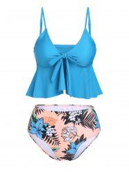 Beach Leaf Floral Print Bowknot Ruffle Tankini Swimwear -  