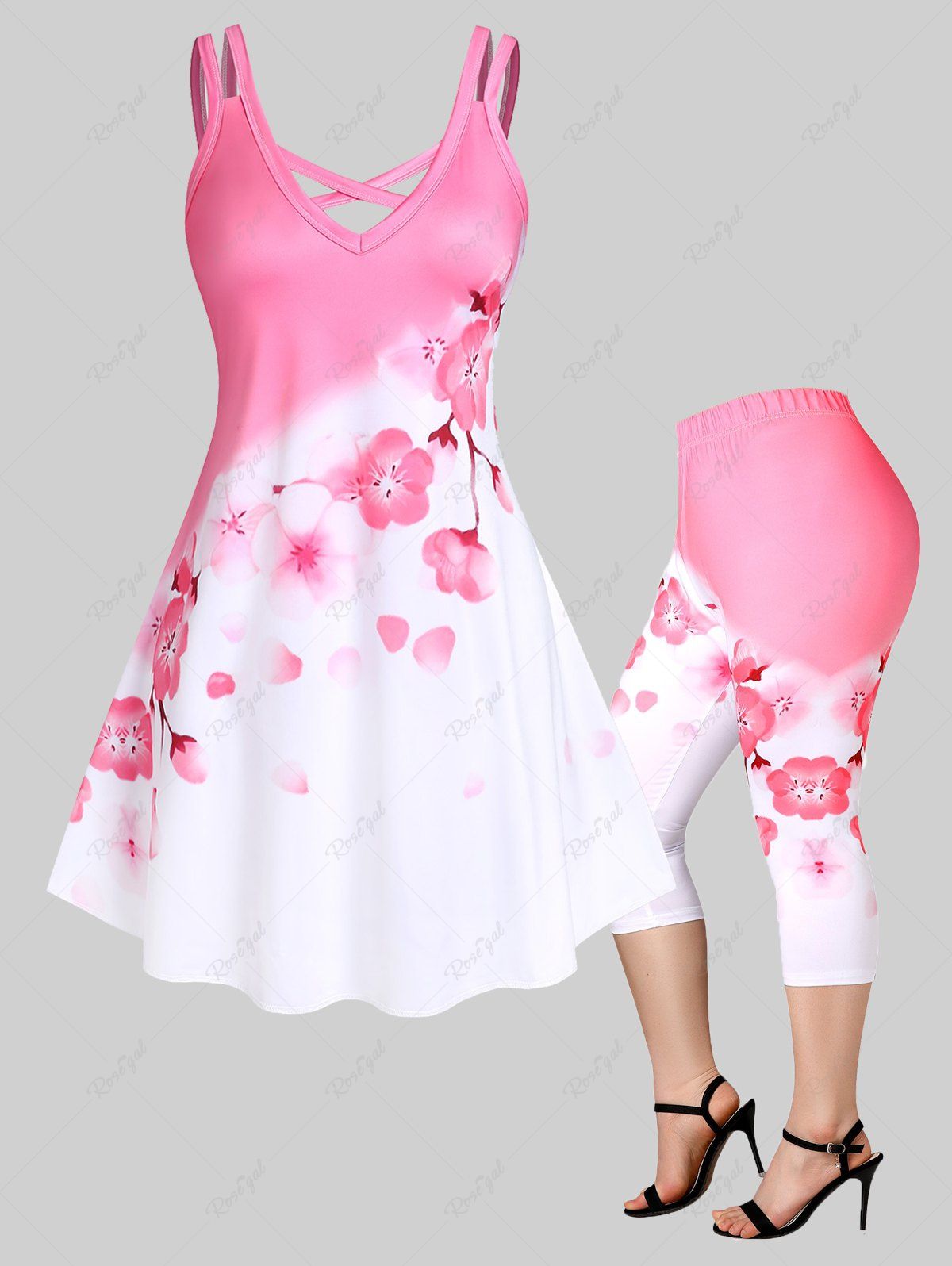 Buy Sakura Flower Crisscross A Line Dress with Leggings Plus Size Summer Outfit  