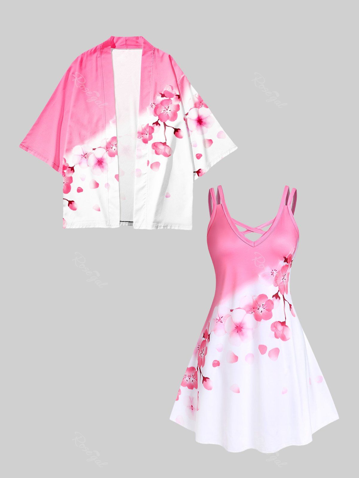 Outfits Sakura Print Open Front Kimono and Sakura Blossom Print Crisscross Sundress Plus Size Summer Outfit  