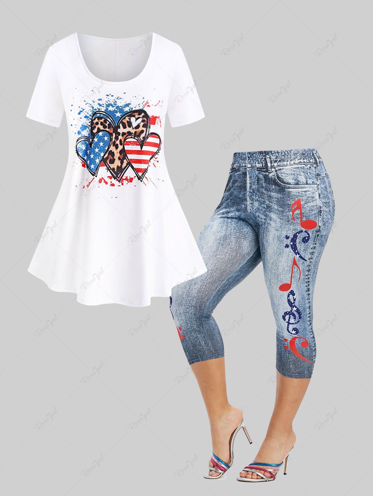 Store Patriotic American Flag Heart Print Tee and American Flag 3D Printed Skinny Capri Jeggings Plus Size Summer Outfit  