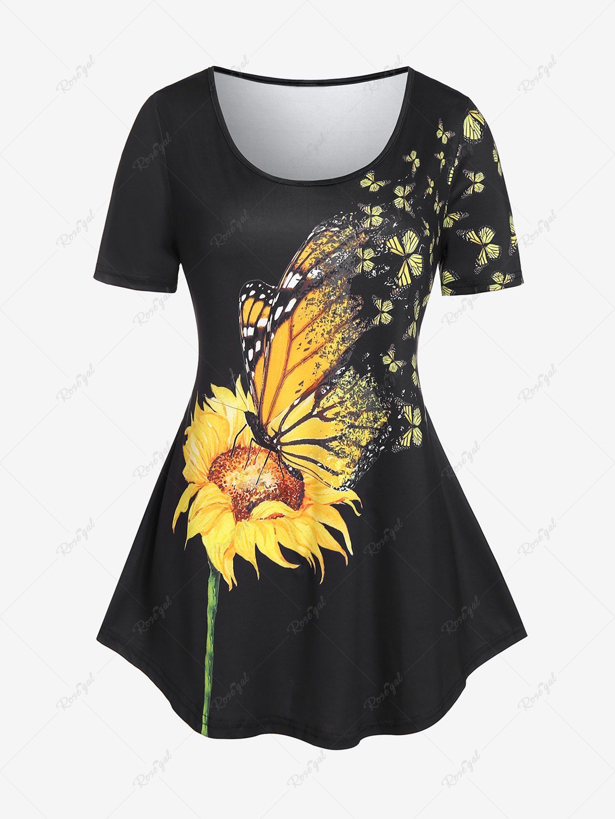 T-shirt à Imprimé Tournesol et Papillon de Grande Taille Noir 2X | US 18-20