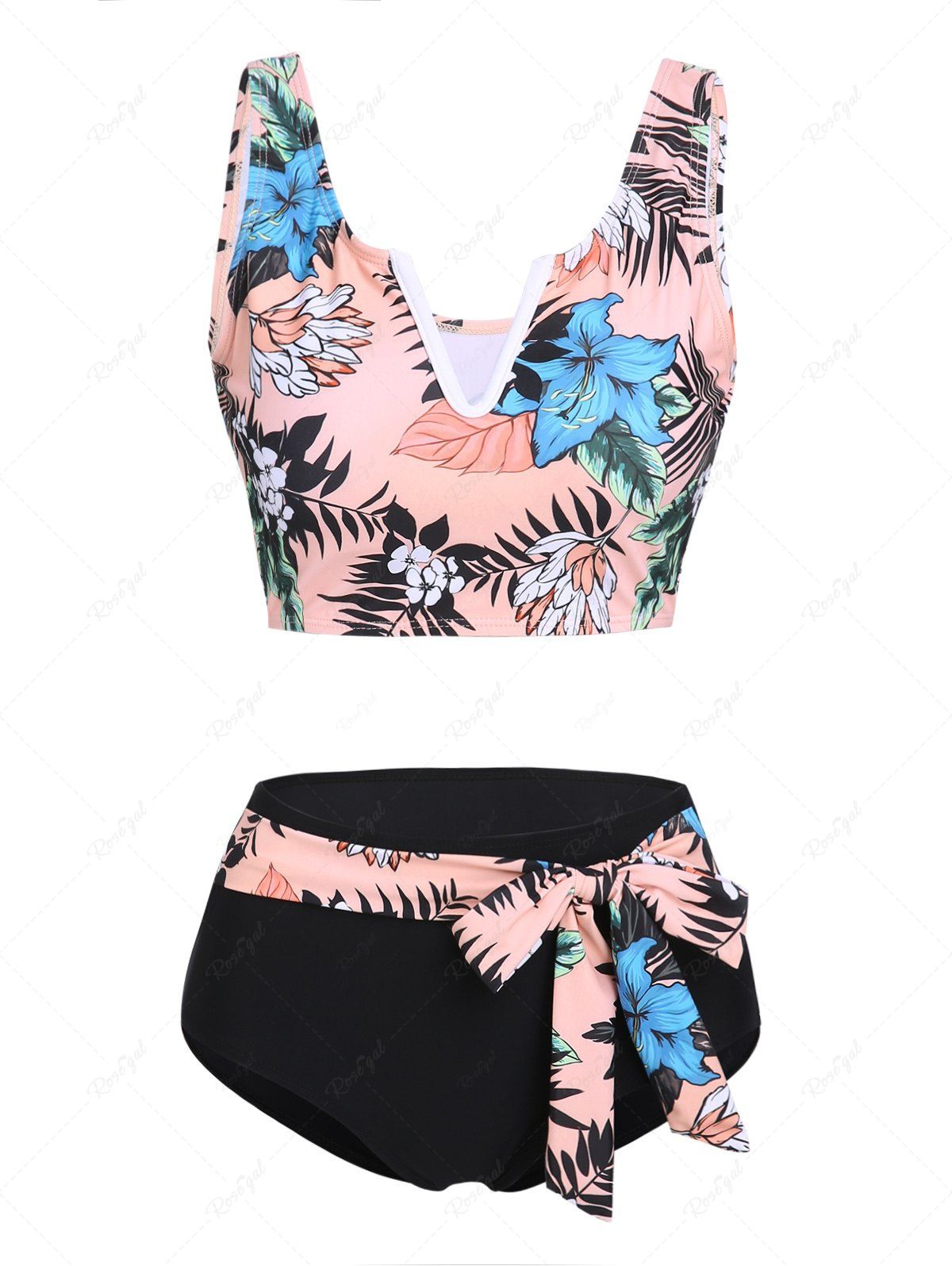 Maillot de Bain Tankini Ceinturé Découpé à Imprimé Tropical Rose clair XXXL