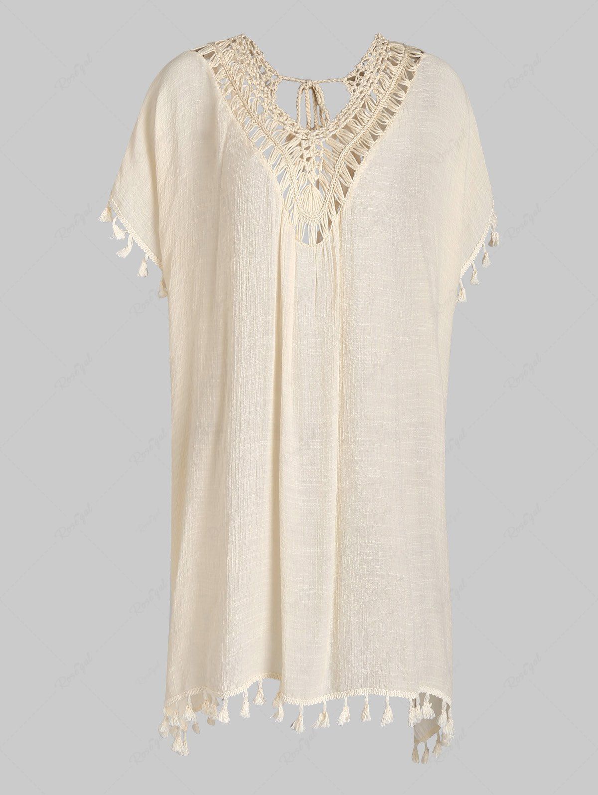 Store Crochet Tassel Tie Up Slit High Low Cover Up  