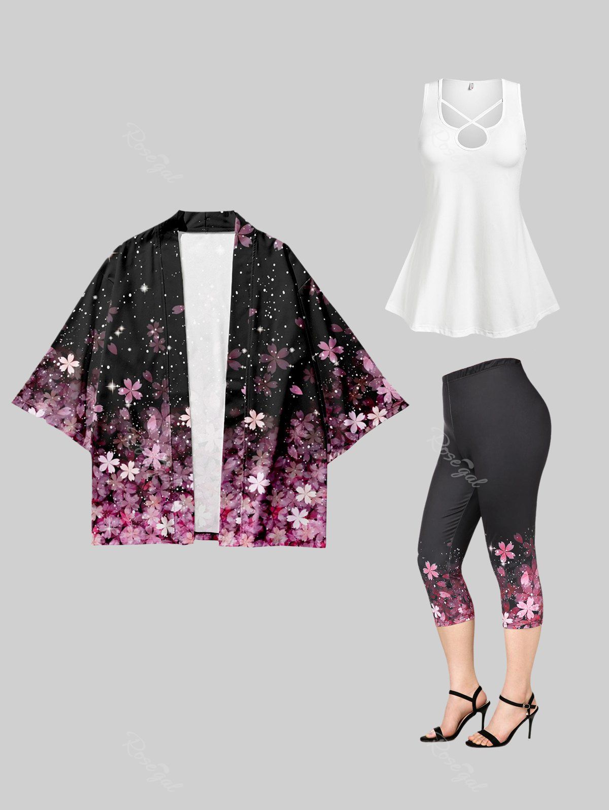 Cheap Sakura Flower Kimono and Crisscross Top and Capri Leggings Plus Size Summer Outfit  
