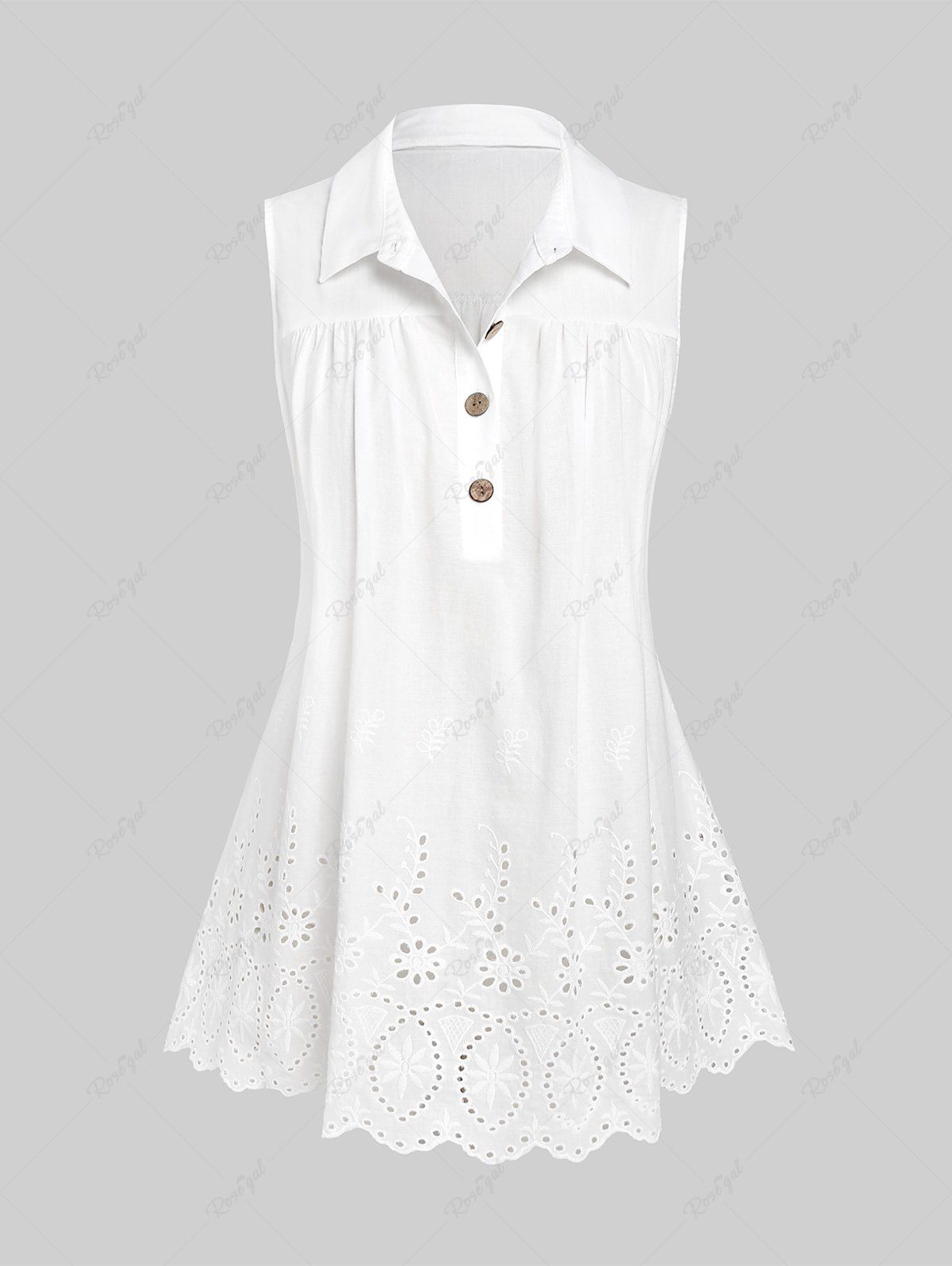 Hot Plus Size Half Button Broderie Anglaise Sleeveless Blouse  