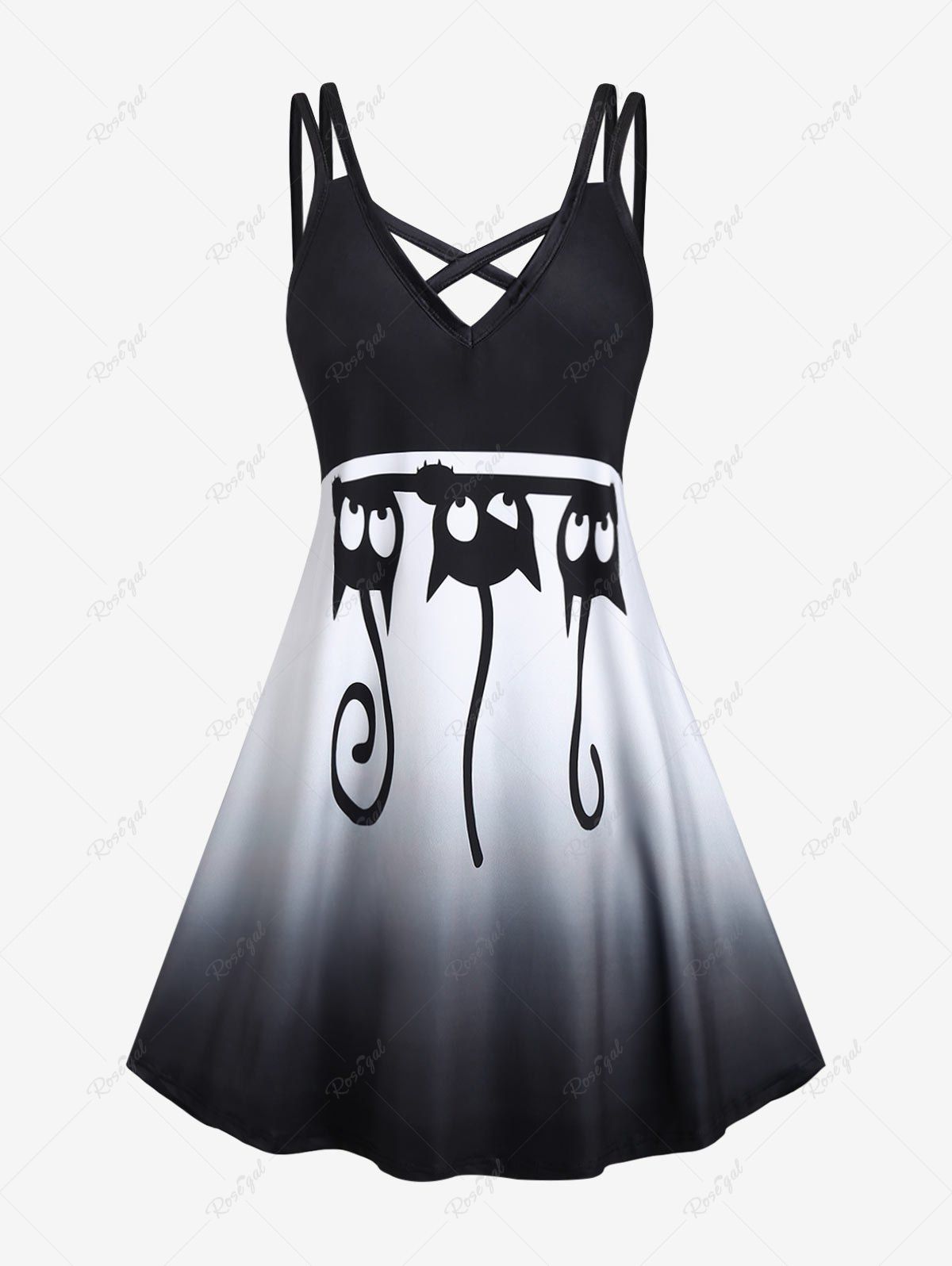 Hot Plus Size Crisscross Monochrome Cat Print Dress  