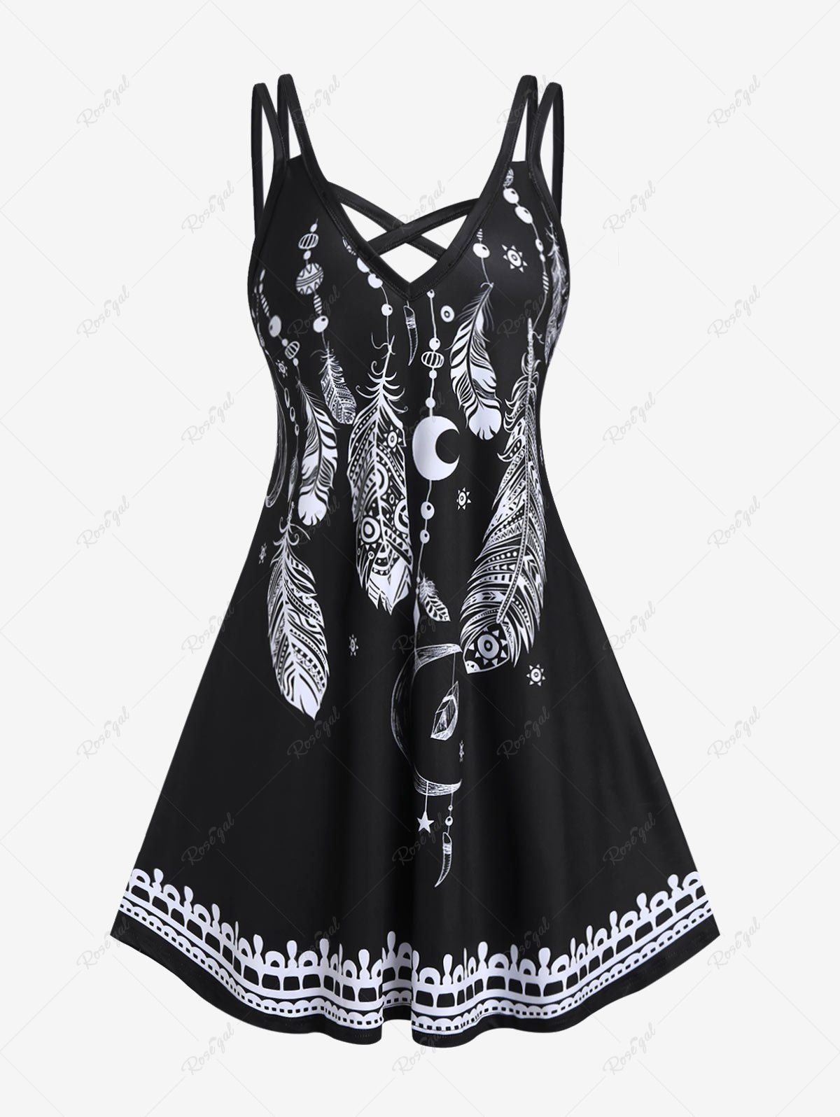 Sale Plus Size Feather Print Crisscross Trapeze Dress  