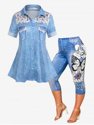 3D Denim Shirt and Sunflower Butterfly Print Capri Leggings Plus Size Summer Outfit