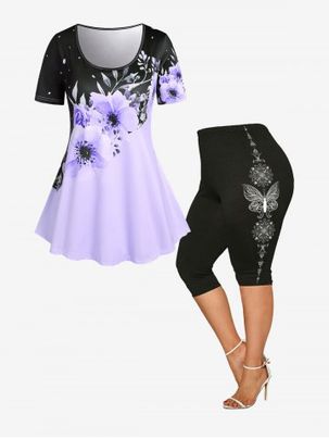 Floral Colorblock Tee and Butterfly Capri Leggings Plus Size Summer Outfit