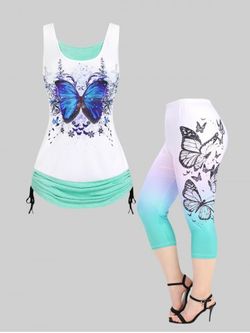Ombre Color Butterfly Print Plus Size Summer Outfit - GREEN