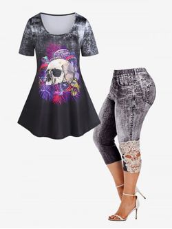 Gothic Skull Mushroom Tee and Capri Jeggings Plus Size Summer Outfit - BLACK