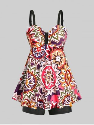 Plus Size & Curve Tribal Print High Waist Modest Tankini Swimsuit