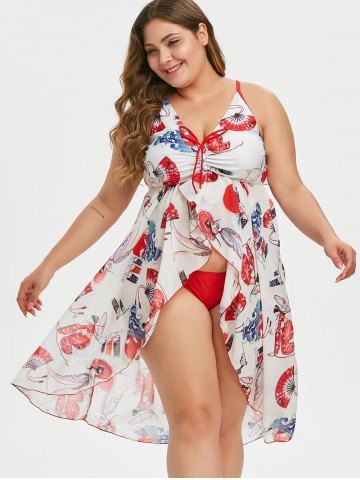 Plus Size Oriental Printed Backless Longline Swim Dress - WHITE - 2XL