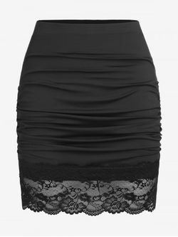 Plus Size Ruched Lace Hem Mini Bodycon Skirt - BLACK - M | US 10