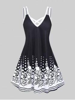 Plus Size Monochrome Floral Print Crisscross Dress - BLACK - 5X | US 30-32