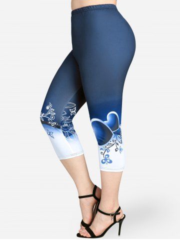 Plus Size High Waist Floral Heart Print Capri Skinny Leggings - BLUE - S | US 8