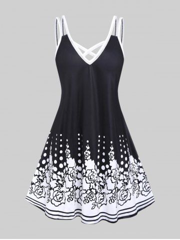 Plus Size Monochrome Floral Print Crisscross Dress - BLACK - L | US 12