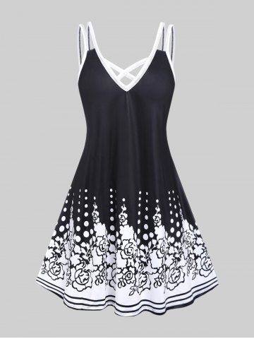Plus Size Monochrome Floral Print Crisscross Dress - BLACK - 1X | US 14-16