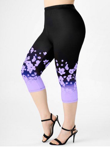 Plus Size & Curve Floral Print High Waist Capri Leggings - LIGHT PURPLE - 2X | US 18-20