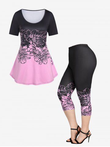 Colorblock Floral Print Tee and Skinny Capri Leggings Plus Size Summer Outfit - LIGHT PINK