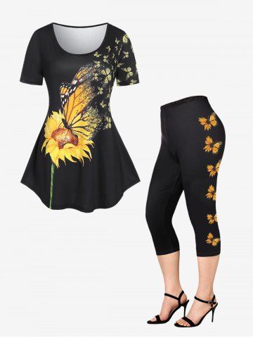 Sunflower Butterfly Print Tee and High Waist Capri Leggings Plus Size Summer Outfit - BLACK