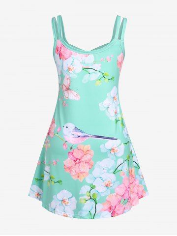 Plus Size Floral Bird Print Crisscross A Line Sundress