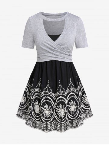 Plus Size Crossover Cropped Tee and Embroidered Cami Top Set