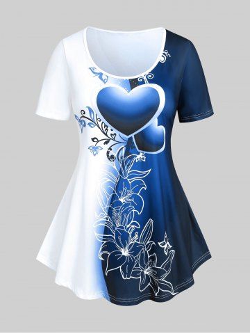 Camiseta con Estampado de Flores en Forma de Corazón de Color Bloque - BLUE - 1X | US 14-16