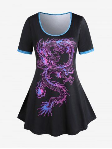 Plus Size & Curve Contrast Dragon Printed Ringer Tee - PURPLE - L | US 12