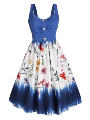 Flower Print Mock Button Cami Dress - BLUE - XXL