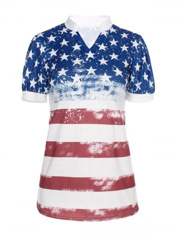 Puff Sleeve American Flag Casual T Shirt - MULTI - XL