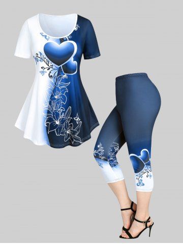 Heart Floral Print Colorblock Tee and Capri Leggings Valentines Plus Size Summer Outfit - BLUE