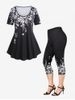 Monochrome Floral Print Tee and l High Waisted Capri Leggings Plus Size Summer Outfit -  