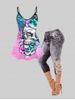 Skull Floral Ombre Cami Top and Skull Lace 3D Jean Print Jeggings Plus Size Summer Outfit -  