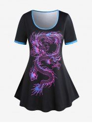 Plus Size & Curve Contrast Dragon Printed Ringer Tee -  