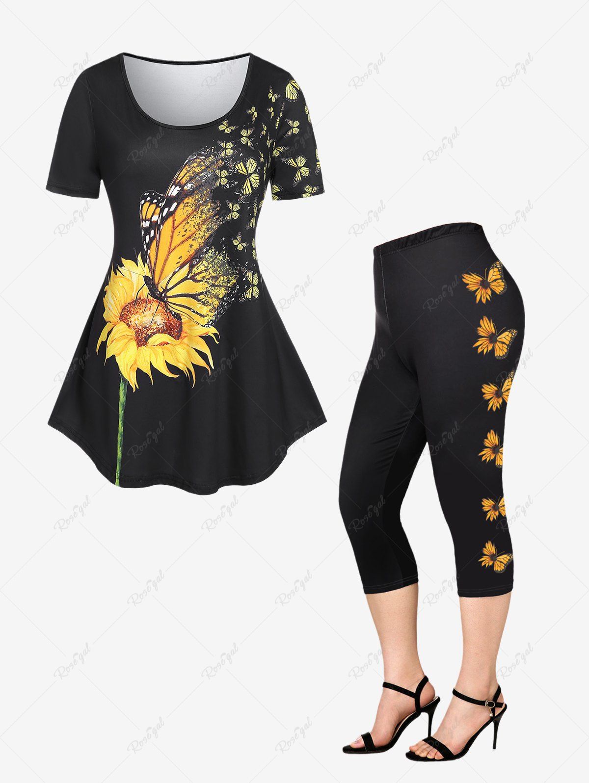 Latest Sunflower Butterfly Print Tee and High Waist Capri Leggings Plus Size Summer Outfit  
