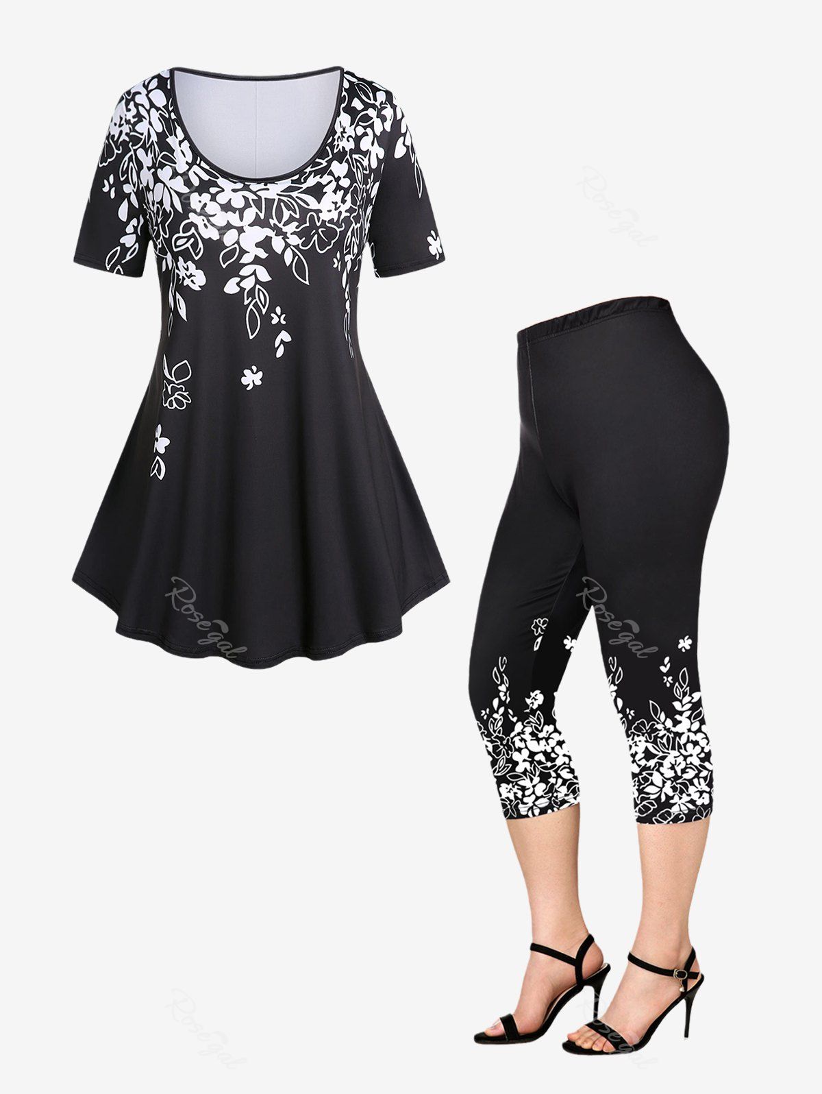 Online Monochrome Floral Print Tee and l High Waisted Capri Leggings Plus Size Summer Outfit  