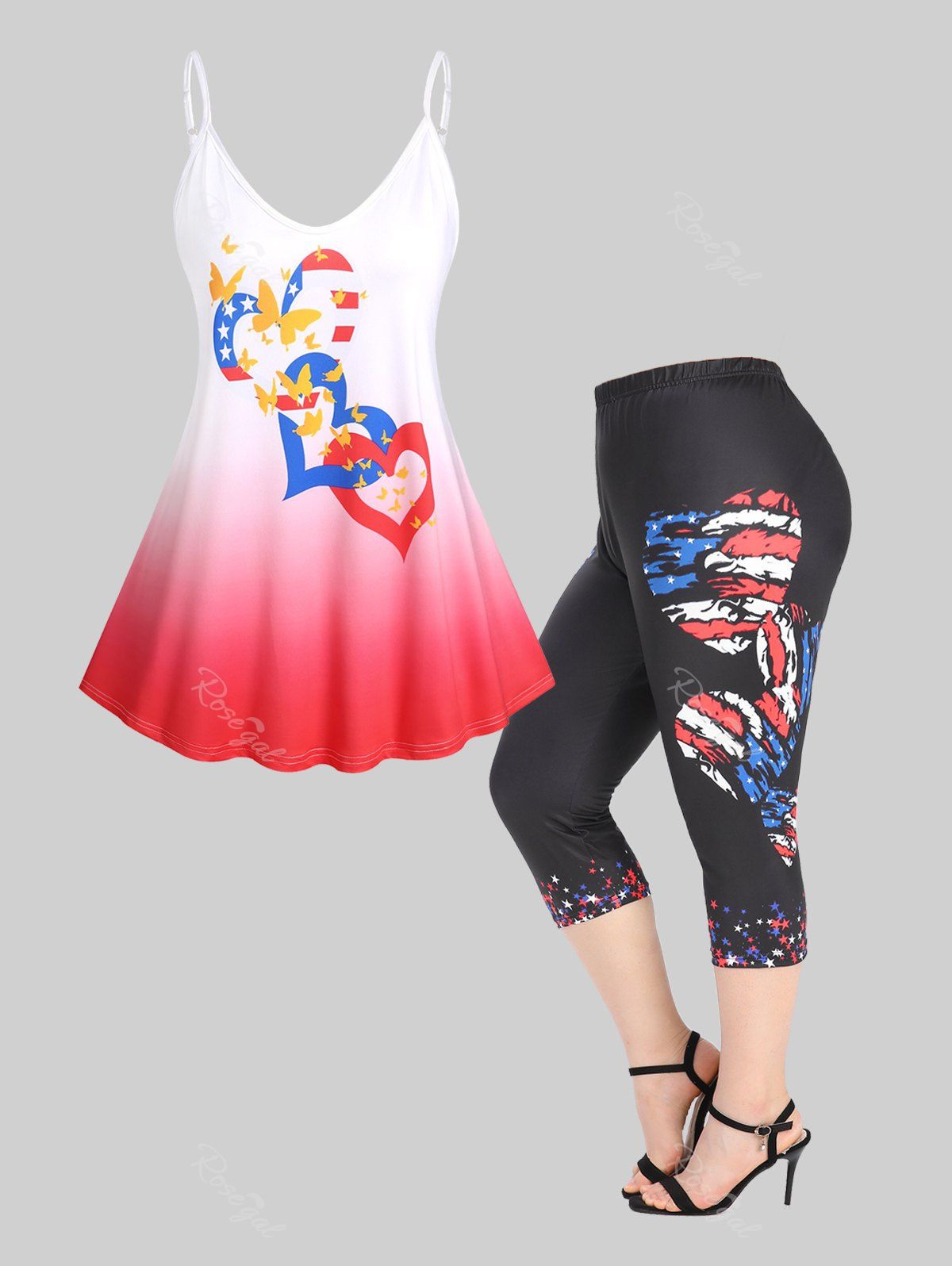 Shop Patriotic American Flag Hearts Tank Top and Capri Leggings Plus Size Summer Outfit  