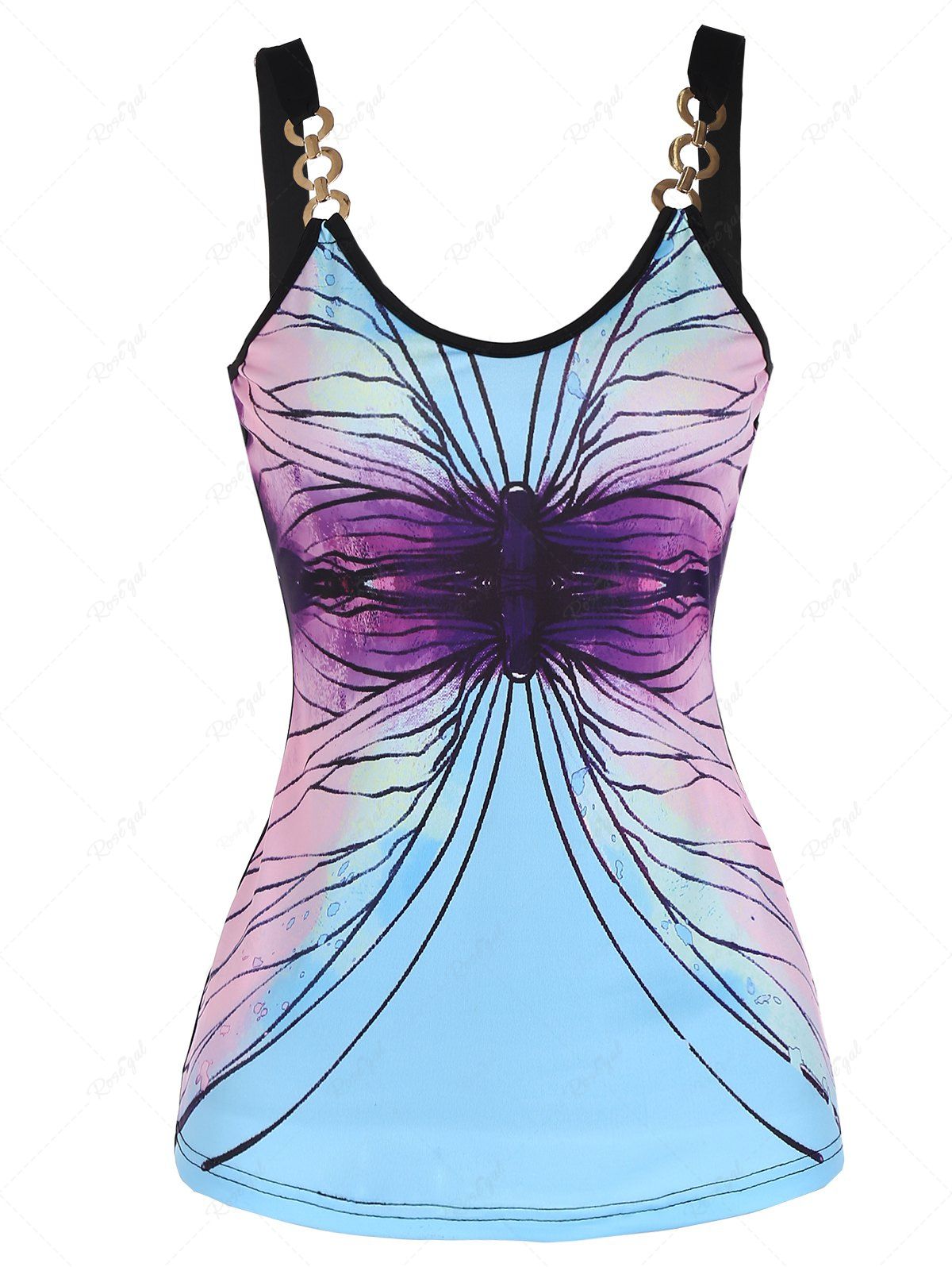 Store Metal O Ring Butterfly Print Casual Tank Top  
