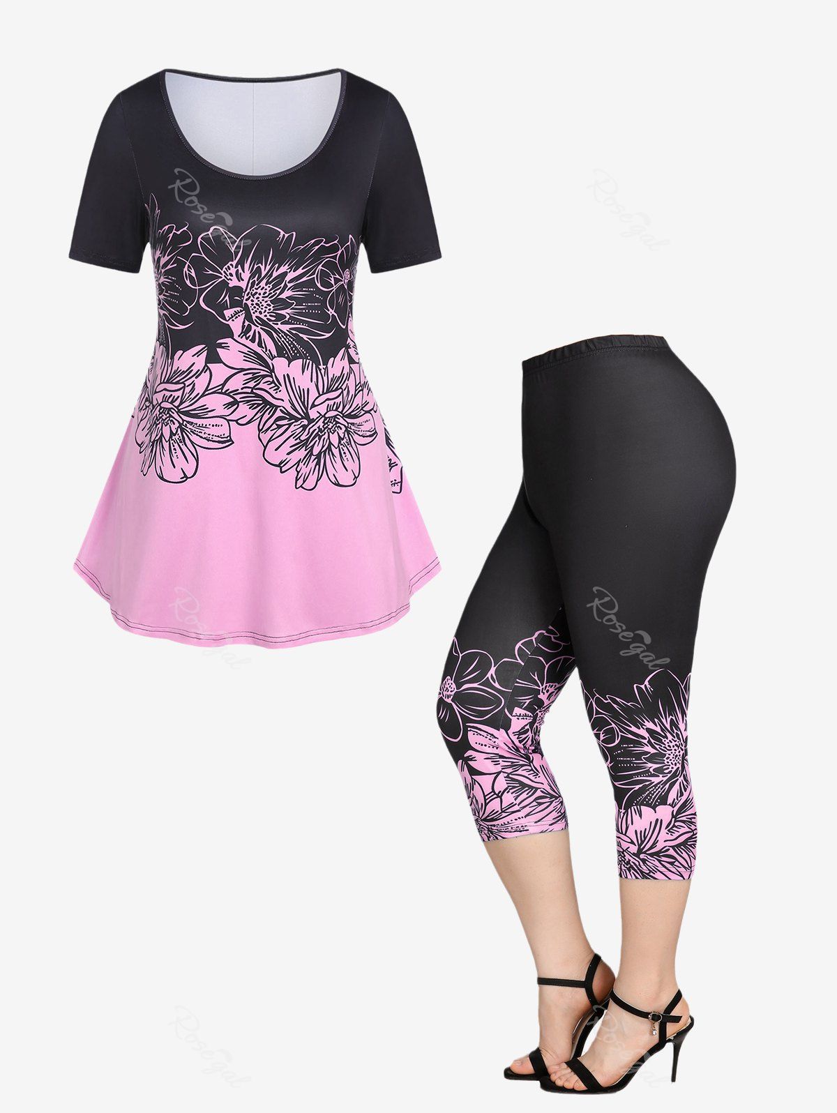 Buy Colorblock Floral Print Tee and Skinny Capri Leggings Plus Size Summer Outfit  