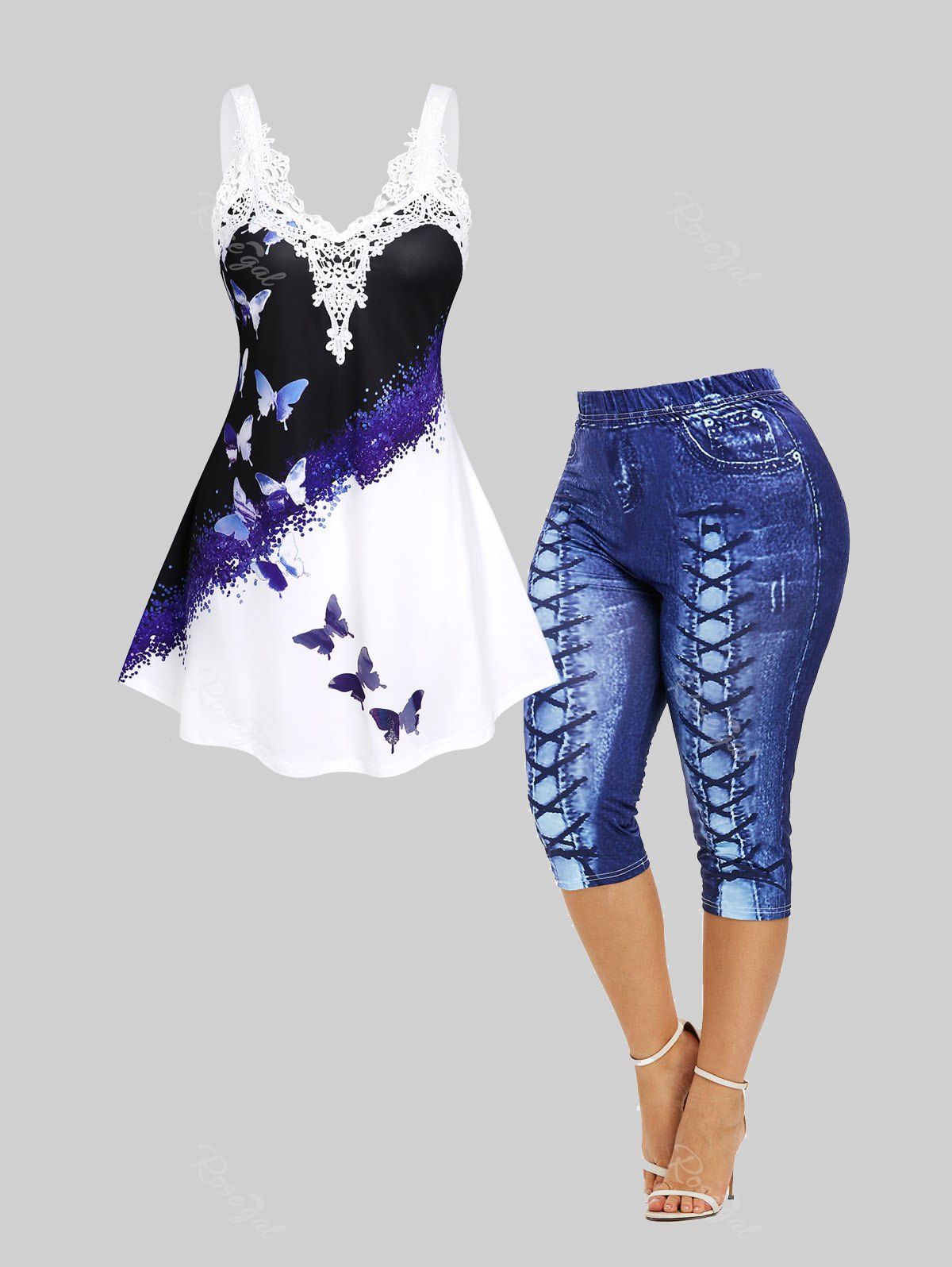 Outfit Butterfly Print Colorblock Tank Top and 3D Lace Up Jean Print Capri Leggings Plus Size Summer Outfit  
