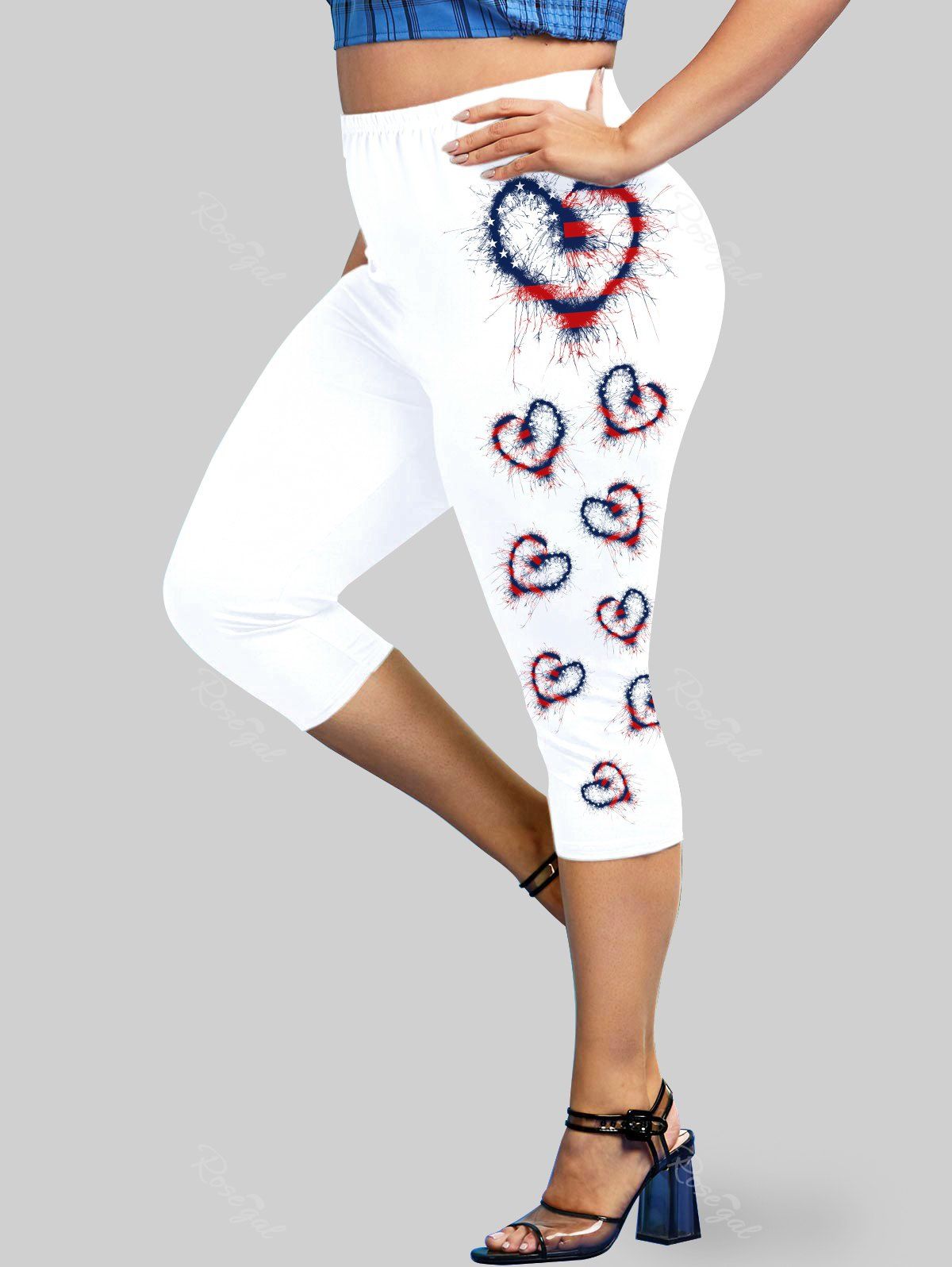 Chic Plus Size & Curve Patriotic American Print Heart Print Capri Leggings  