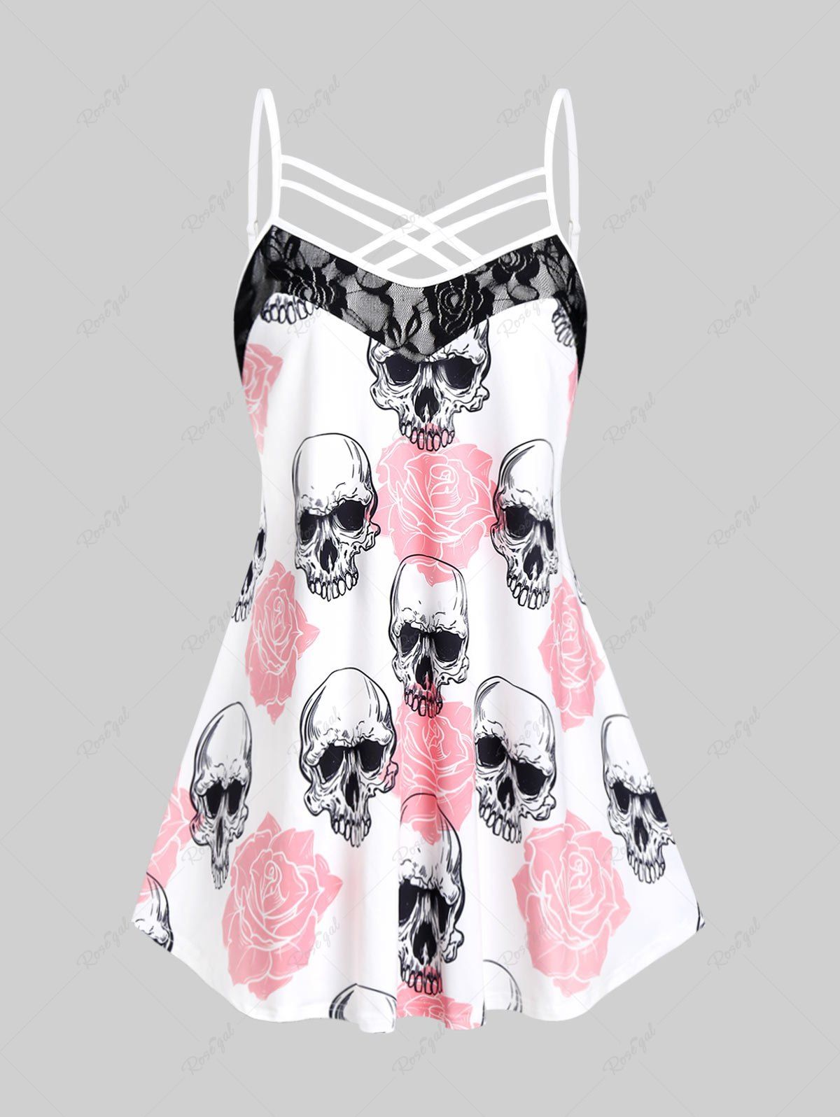 Fashion Plus Size Gothic Skull Rose Print Crisscross Tank Top  
