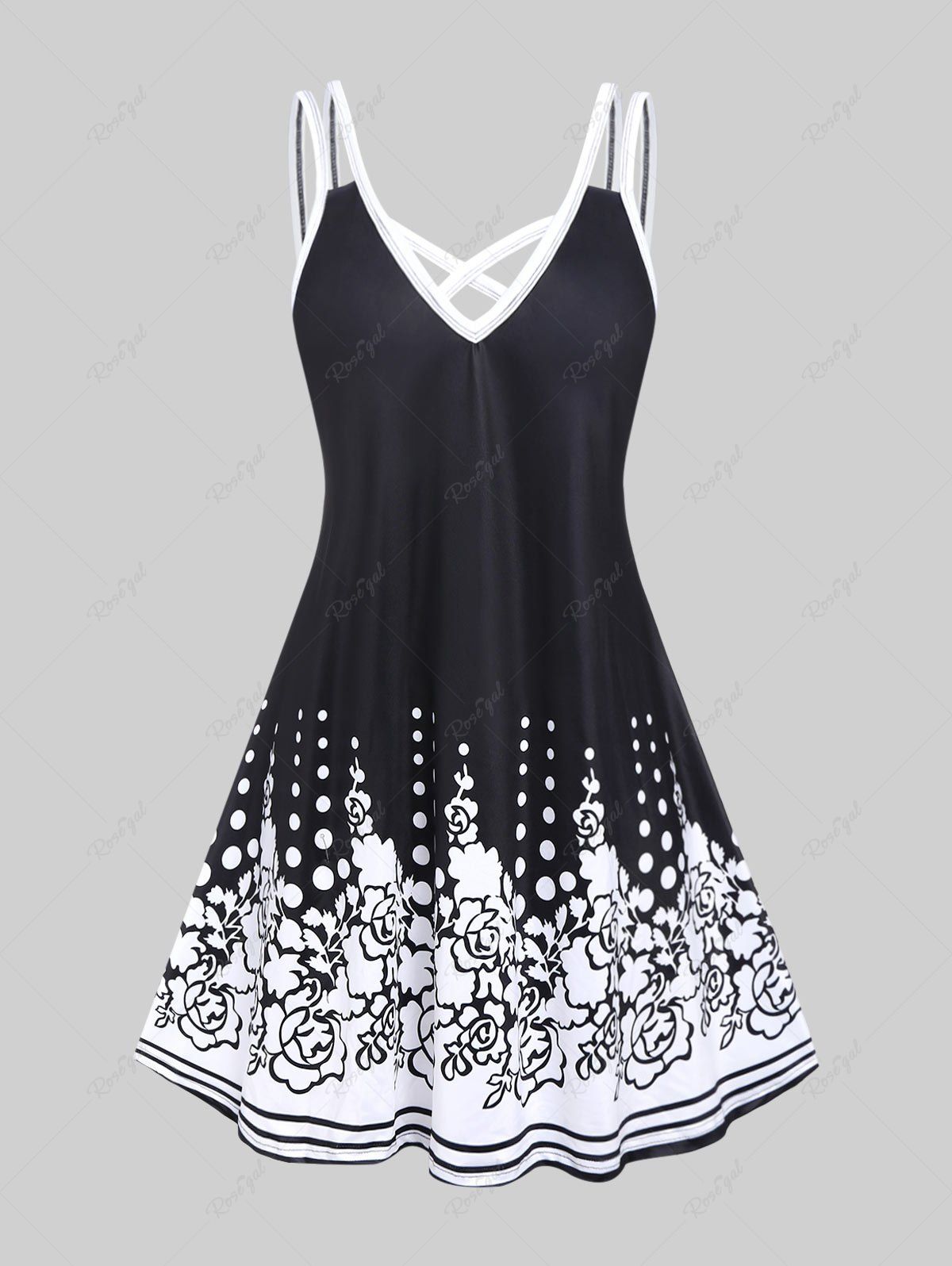 Best Plus Size Monochrome Floral Print Crisscross Dress  