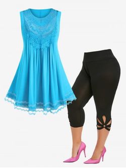 Lace Panel Tank Top and Cutout Leggings Plus Size Summer Outfit - BLUE